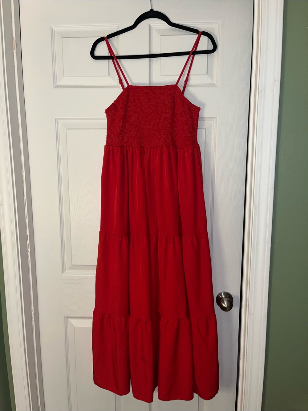 SHEIN 1XL Lightweight Red Spaghetti Strapped Smocked Tiered Midi Dress